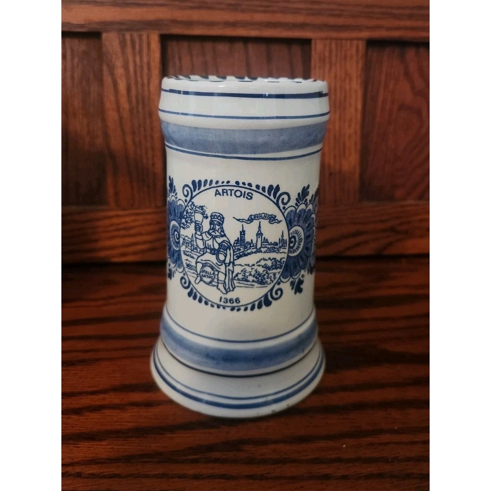 Vintage Artois Delfts Blauw Blue‎ White Beer Stein mug hand Painted in Holland